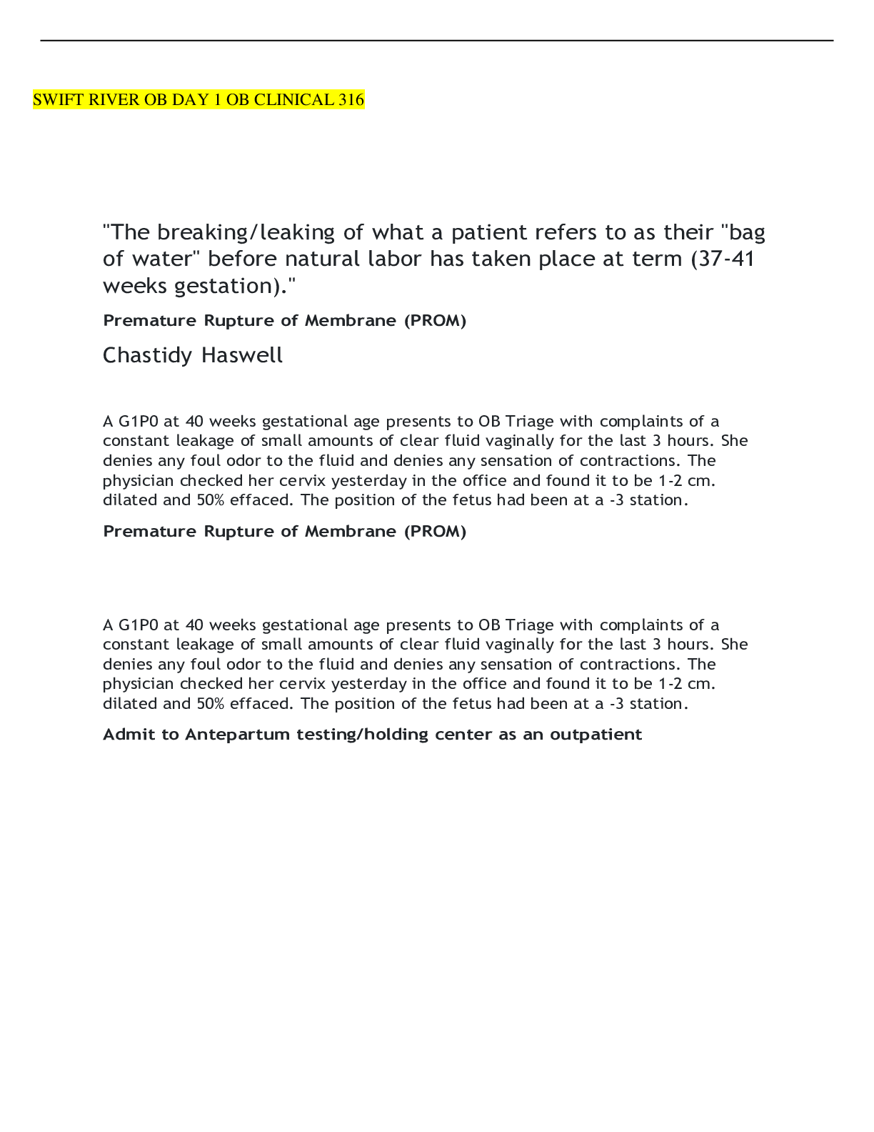 Preview image for SWIFT RIVER OB DAY 1 OB CLINICAL 316